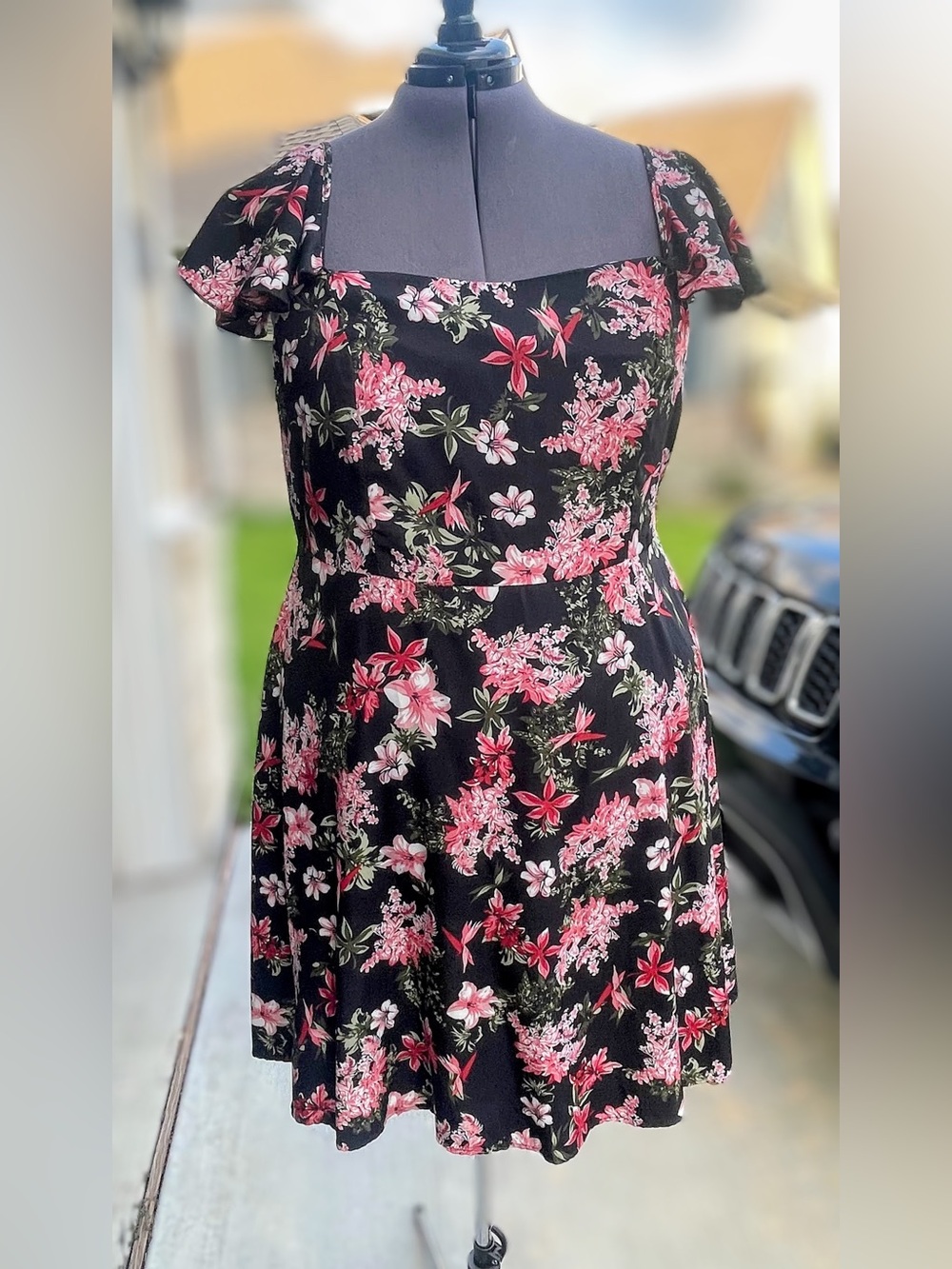 SHEIN Black Mini Dress with Pink Floral Print